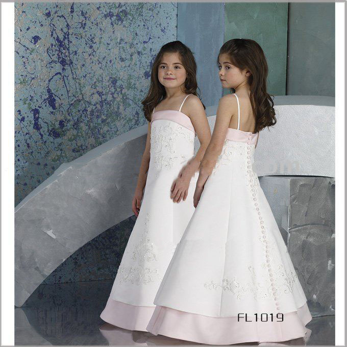 Girl's Satin Embroidered Flower with Silk Sash At Neckline Bback Button Dress