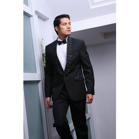 Black With One Button Long Sleeve Groom Tuxedos