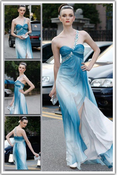 Blue One Shoulder Ankle-length Sexy Evening Dress