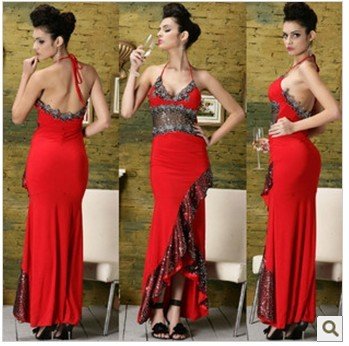 Red Ankle-length Lace-up Sexy Dress