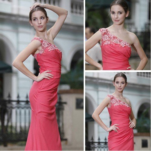 Red Satin Embroidery Floor Length One Shouler Sexy Dress