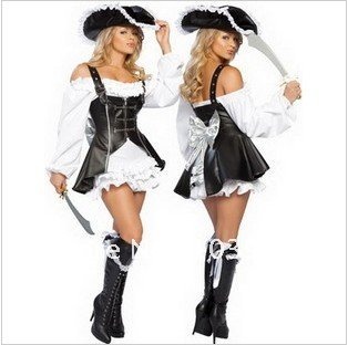 Genuine Leather & Chiffon White & Black Long Sleeve Cosplay Costumes