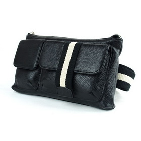 Men' Black Zipper Real Cow Leather Waist Pack