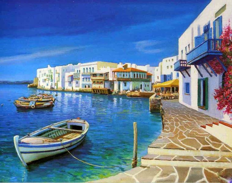 Sea and Ship Mediterranean Oil Painting