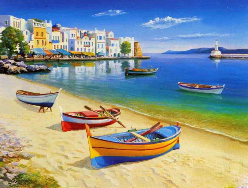 Sea and Ship Mediterranean Oil Painting
