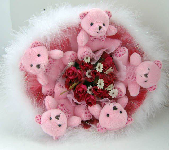 Pink Bear Red Rose Decorative Flowers For Valentine's Day / Wedding Supply
