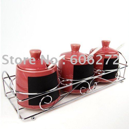 Kitchen Supplies Ceramic Spice Jar Three-piece with Wrought Iron Shelves Allocation Spoons