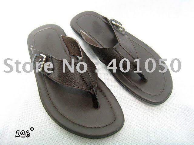 Men's Brown Genuine Leather Herringbone Baboosh Chinela Slippers