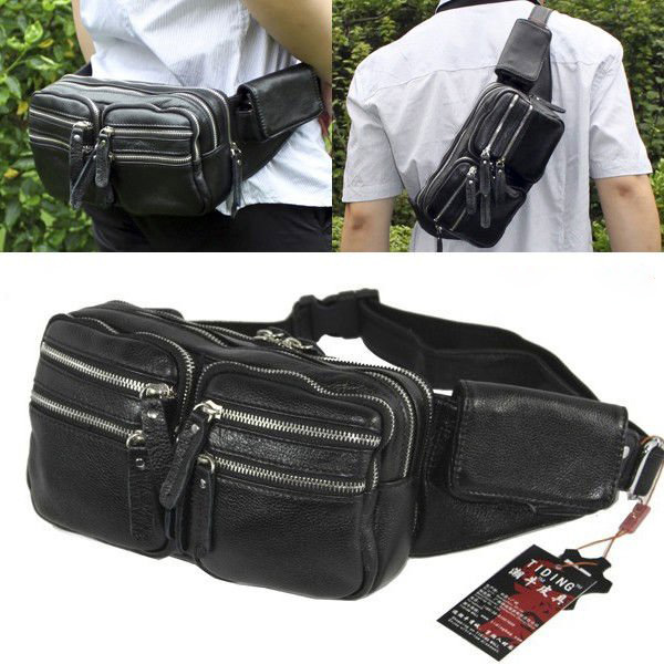 Genuine Leather Black With Many Pockets Waist Bags