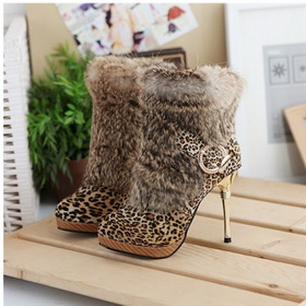 Leopard Grain Rabbit Fur With Zipper Women's Ankle Boots