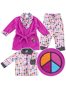 Dark Pink Peace Sign Pajama and Bath Robe Set Long Sleeves Children Sleepwear