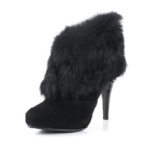 Rabbit Fur Black Cold Resistant Women's Ankle Boots
