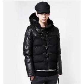 Black With Buttons Leather & Cotton Men's Jackets & Coats