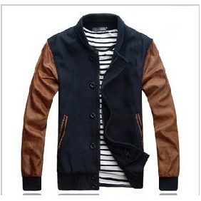 Dark Blue & Brown With Buttons Leather & Nylon Men's Jackets & Coats