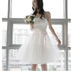 Off-white With Bow Elastic Woven Satin Short/ Mini Wedding Dresses