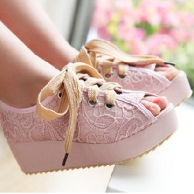 Pink Lace Cross Belt Women's Espadrilles & Wedge Shoes