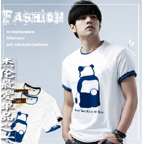Blue & White Cartoon Round Neck Men's T-Shirts