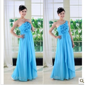 Blue One Shoulder Chest With Flower Asymmetrical Wedding Dresses