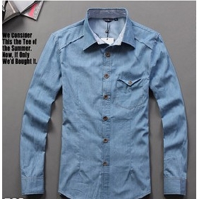 Blue With Button Long Sleeve Men's Shirts