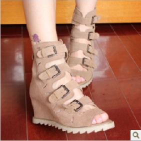 Khaki With Buttons Leather Women's Sandals
