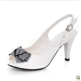 White With Black Bow Leather Women's Sandals