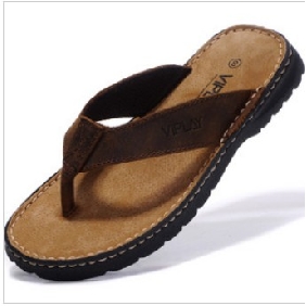 Dark Brown Leather Flat Bottom Men's Flip Flops