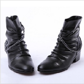 Black With Metal Chain Flat Bottom Men's Casual Boots