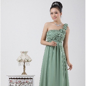 One Shoulder Green Ankle Length Dresses
