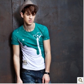 Short Sleeve Green White Slim Men's T-Shirts