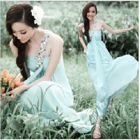 Light Blue One Shoulder Chiffon A-line Wedding Dresses