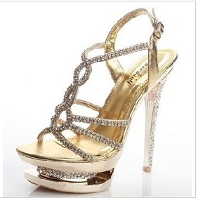 Gold High Heel With Diamond Women's Dress Shoes