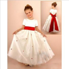 White Short Sleeve With Red Bow Flower Girl Dresses