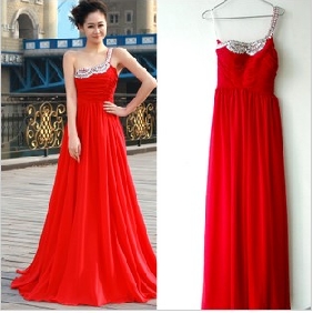 Red One Shoulder With Diamond Bridesmaid Dresses
