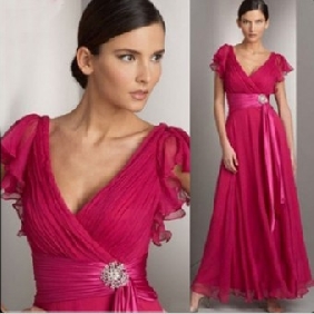 Rose Red With Sleeves V Neck Bridesmaid Dresses