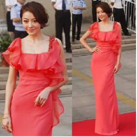 Red With Sleeves Chiffon Bridesmaid Dresses