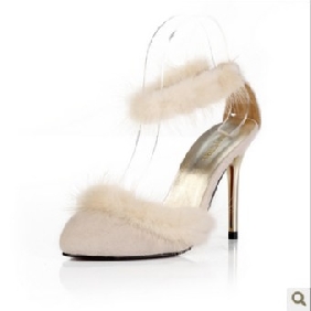 Rabbit Fur Beige High Heel Evening Women's Dress Shoes