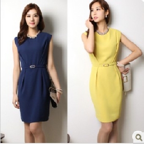 Sleeveless With Belt Office Lady Dresses