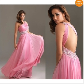 Pink One Shoulder Chiffon Backless Beach Wedding Dresses