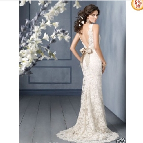 Lace With Ribbons Backless Beach Wedding Dresses