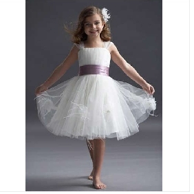 White Tulle Purple Ribbons Flower Girl Dresses