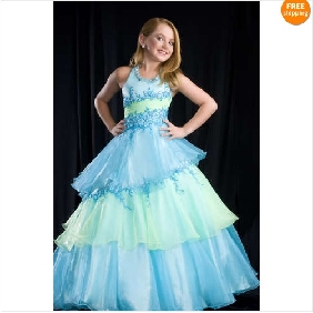 Blue Backless Three Layers Flower Girl Dresses