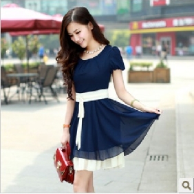 Blue Chiffon Knee Length Short Sleeve Dresses