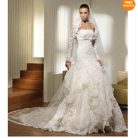 White Long Sleeve Tails Lace Tulle Beach Wedding Dresses