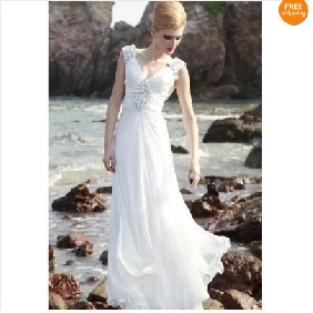 White Lace Up V Neck Backless Beach Wedding Dresses