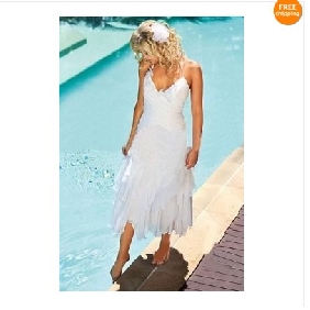 Tea Length White Chiffon Backless Beach Wedding Dresses