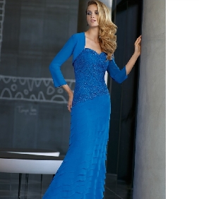 Blue Long Sleeve Chiffon Ankle Length Mother of the Bride Dresses