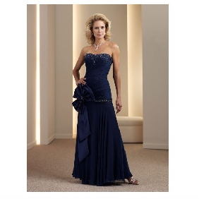 Blue Beaded Lace Neckline Drop Waist Chiffon Mother of The Bride Dress