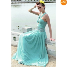 Beaded Silky Backless Light Blue Beach Wedding Dresses