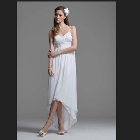 White Spaghetti Straps Chiffon Empire Waist Applique Asymmetrical Wedding Dresses
