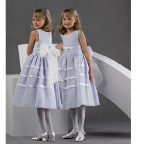 Blue White Bow Lace Up Flower Girl Dresses